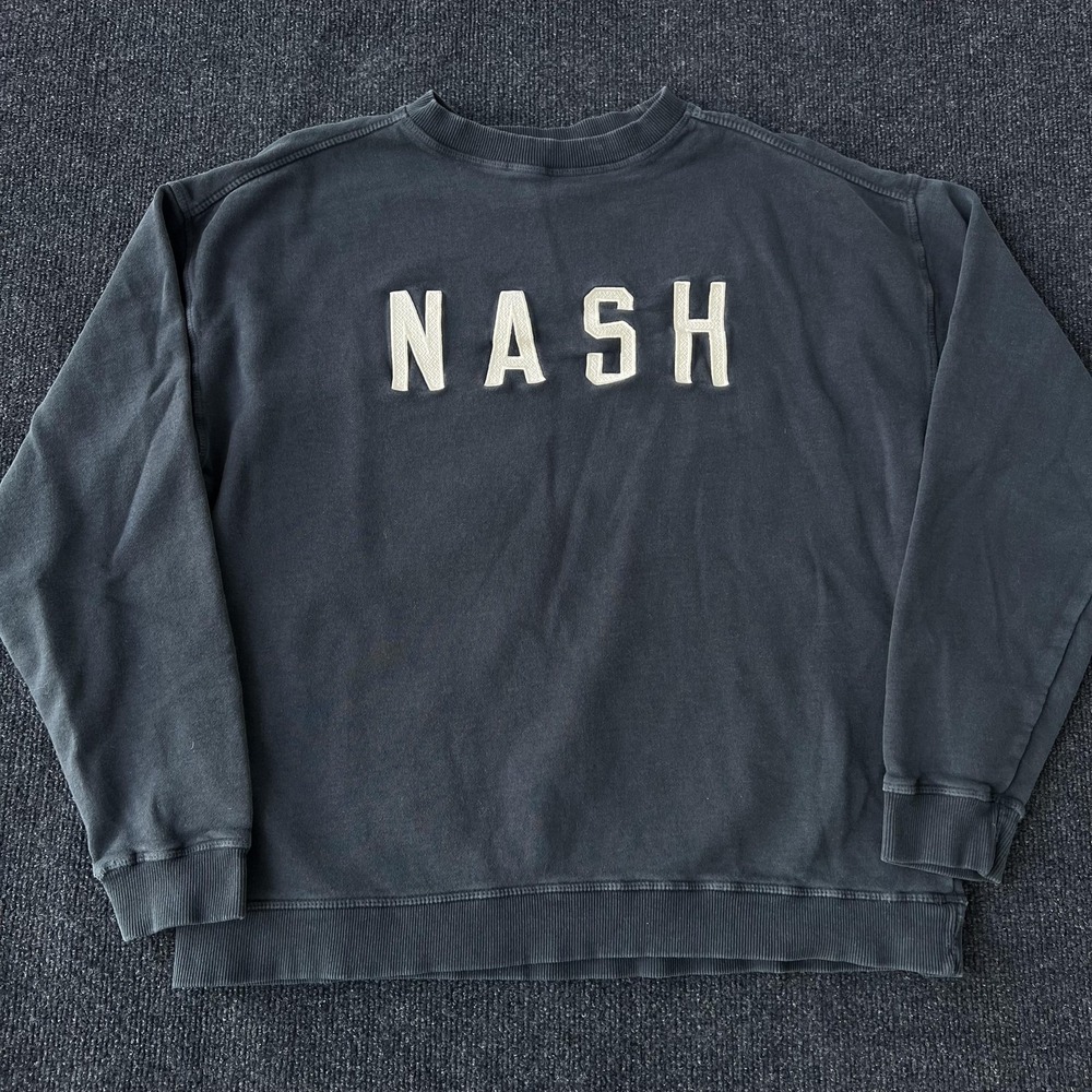 NASH‎ Sweatshirt Mens S/M Charcoal Blue Crewneck Applique Fleece Long Sleeve